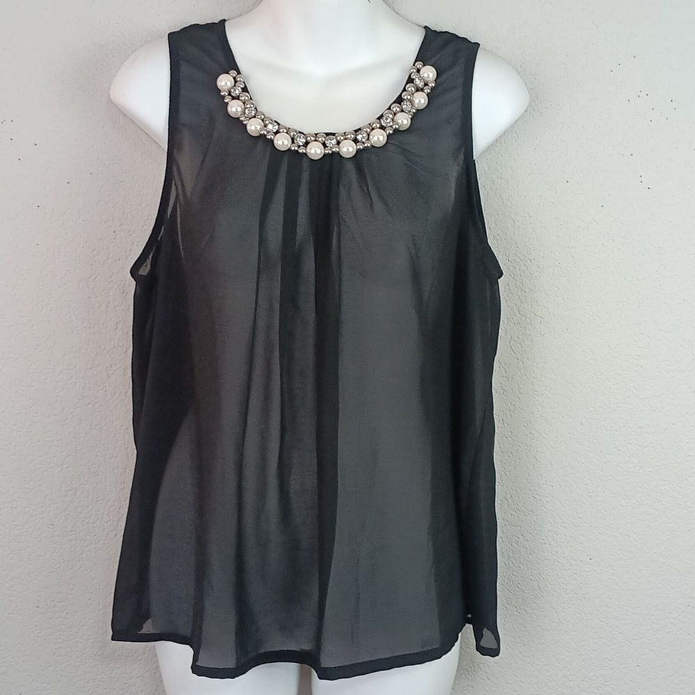 Black Sleeveless Sheer Silk Blend Top with Pearl Embelished Neckline Sz L Y2k